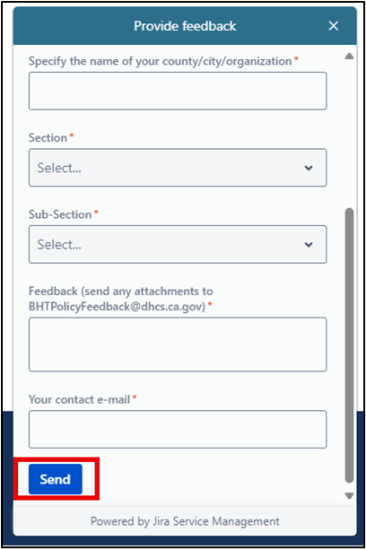 Screenshot of the bottom portion of the feedback form with a red arrow indicating 'Send' button