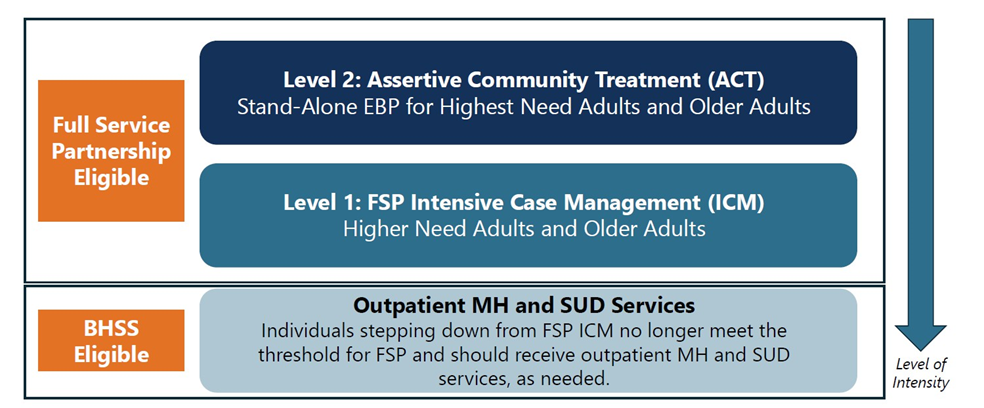 This image shows that Level 1 Full Service Partnership Intensive Case Management and Level 2 Assertive Community Treatment are Full Service Partnership eligible while Outpatient mental health and substance use disorder services are Behavioral Health Services and Supports eligible. 