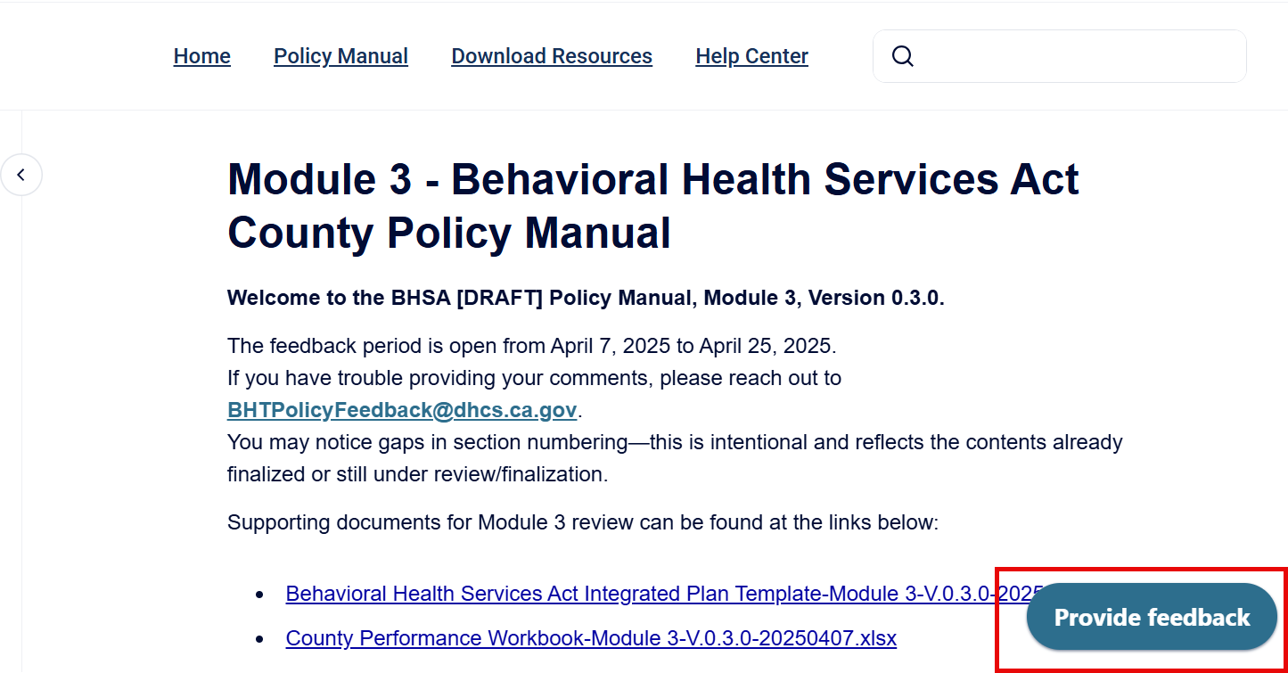 The home page is displayed with the Provide Feedback button highlighted