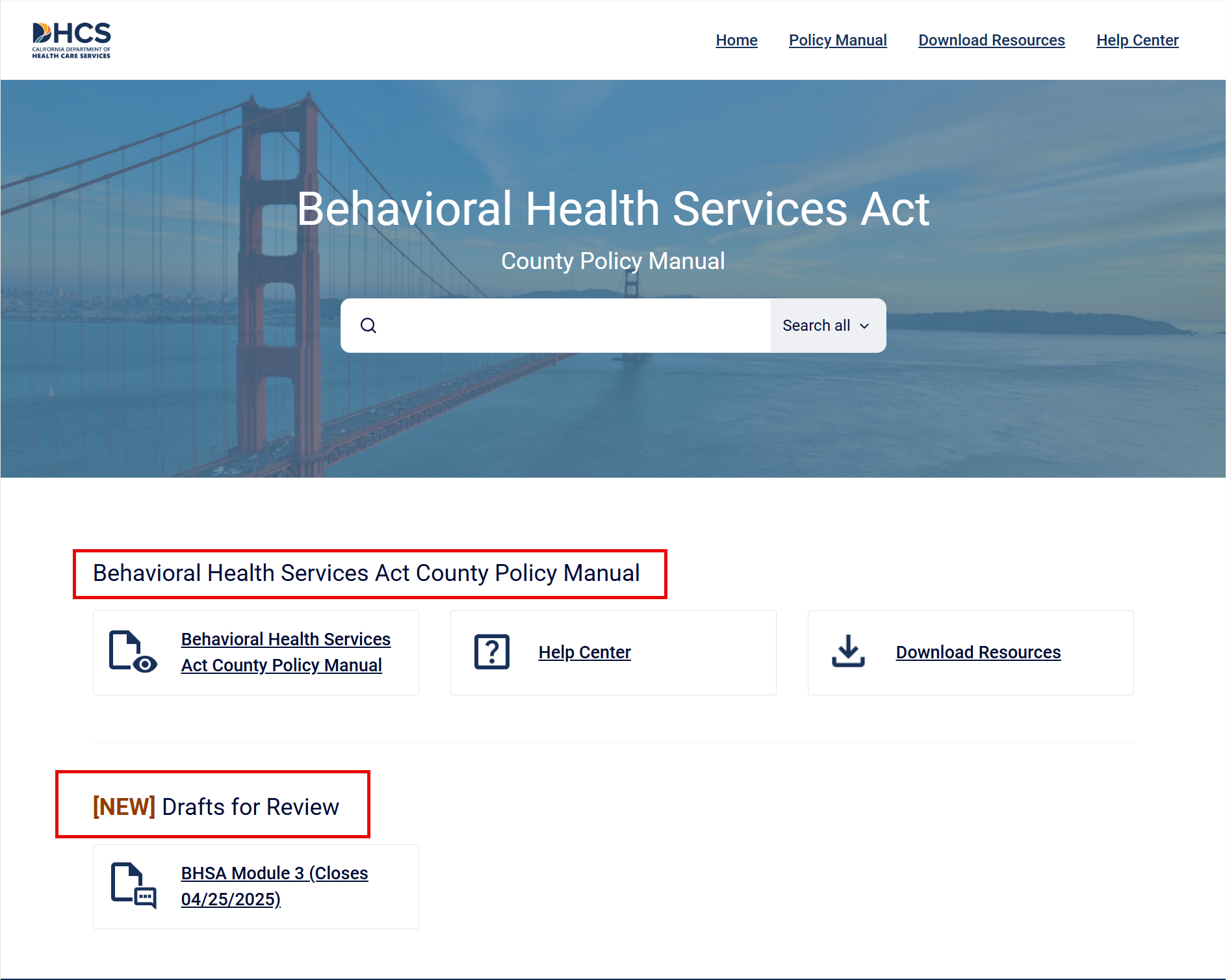 The landing page of the policy manual is shown highlighting the Policy Manual itself and draft Modules for review.