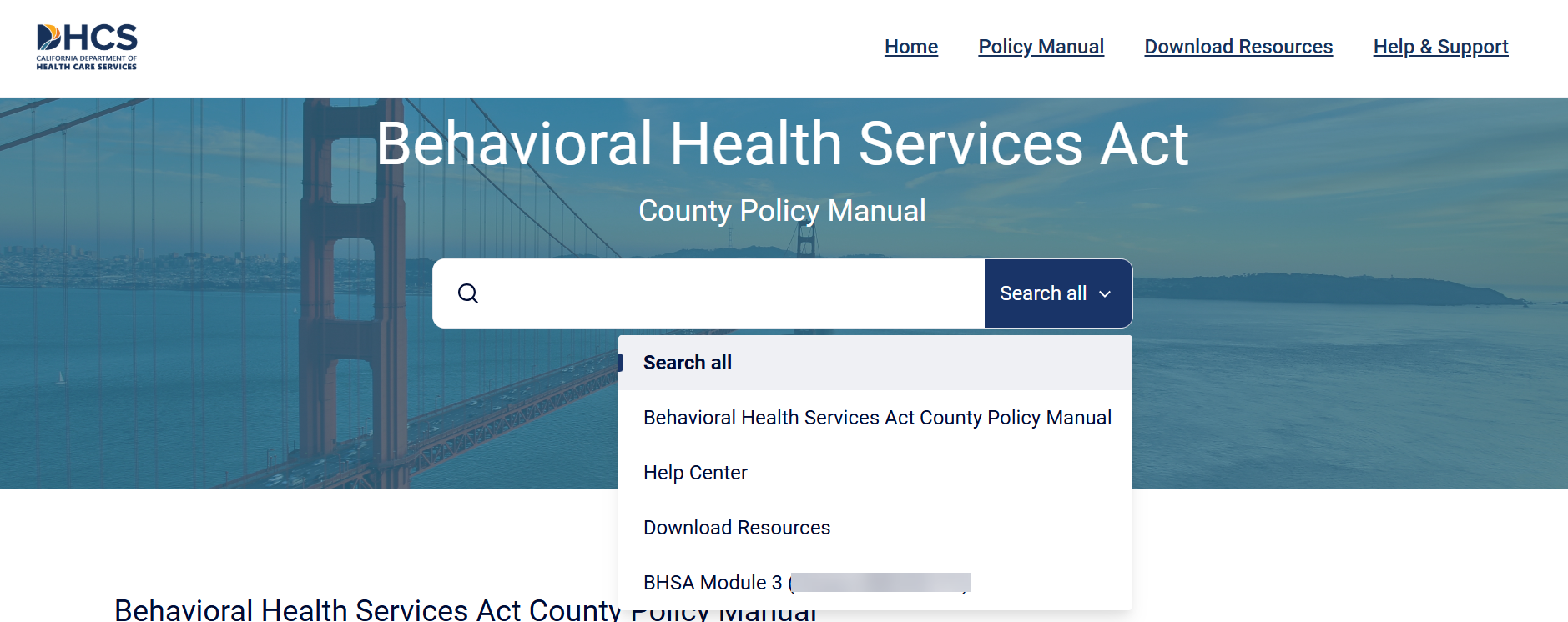 The search function has been highlighted to show a dropdown containing the Search options. These options included the Behavioral Health Services Act County Policy Manual, the Help Center, Download Resources, and a Draft Module available for Public Feedback