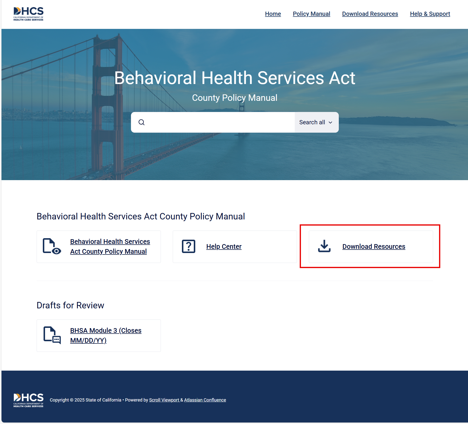 the landing page of the Behavioral Health Services Act County Policy Manual is displayed with the Download Resources tile being highlighted.
