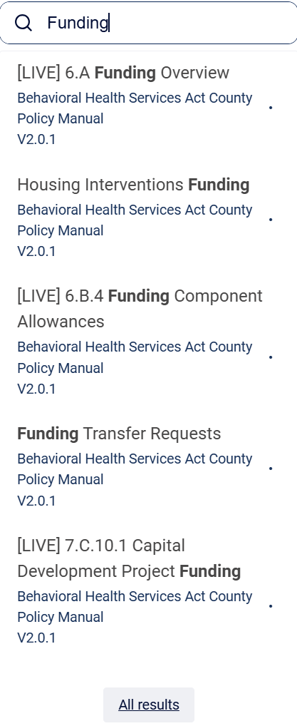 The search feature is being used to show a search for the word funding. The search results contain results from every section of the Policy Manual that mentions funding
