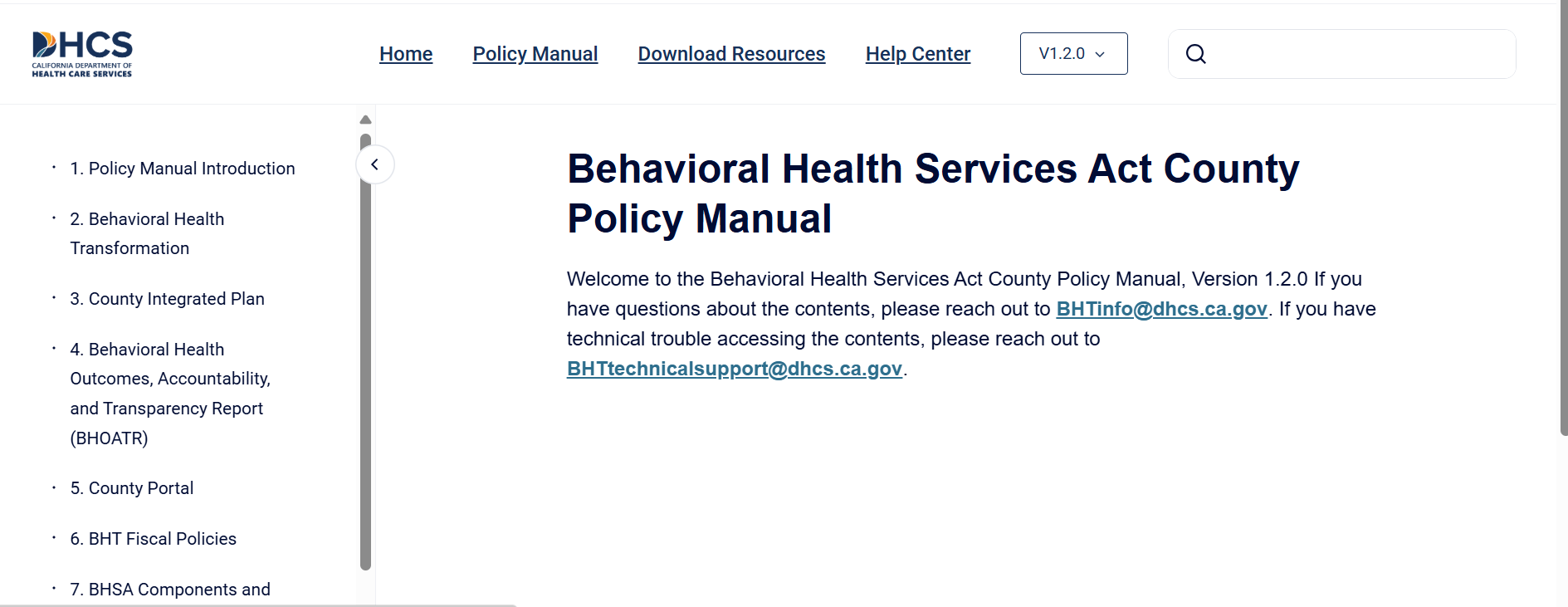 Screenshot of the Behavioral Health Act County Policy Manual landing page showing the example of the left-hand navigation bar