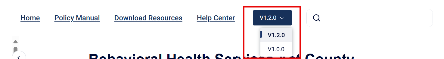 This image displays the top navigation bar with the versioning dropdown highlighted