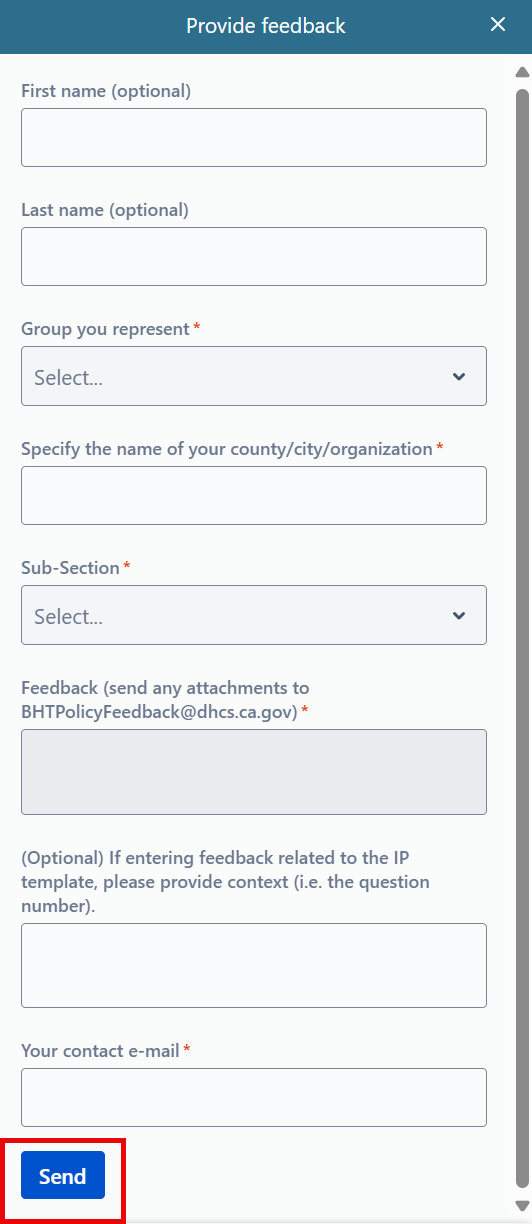 the entire feedback form is displayed, highlighting the Send button.