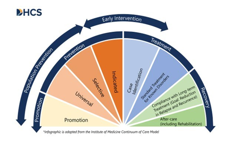 A diagram of the Institute of Medicine's Continuum of Care and Spectrum of Early Intervention Services. There are eight types of services including Promotion, Universal, Selective, Indicated, Case Identification, Standard Treatment for Known Disorders, Compliance with Long-term Treatment, and After-care.